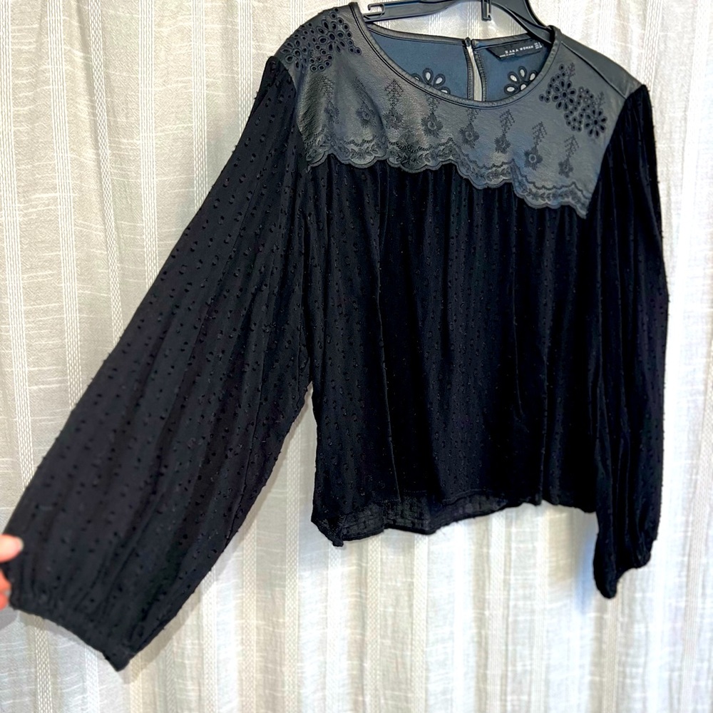 Zara • Faux Leather Embroidered Floral Swiss Dot Top